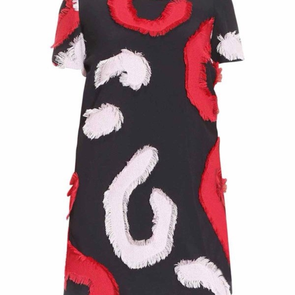 Versace Couture Black Dress with Red and White Fringe Accents